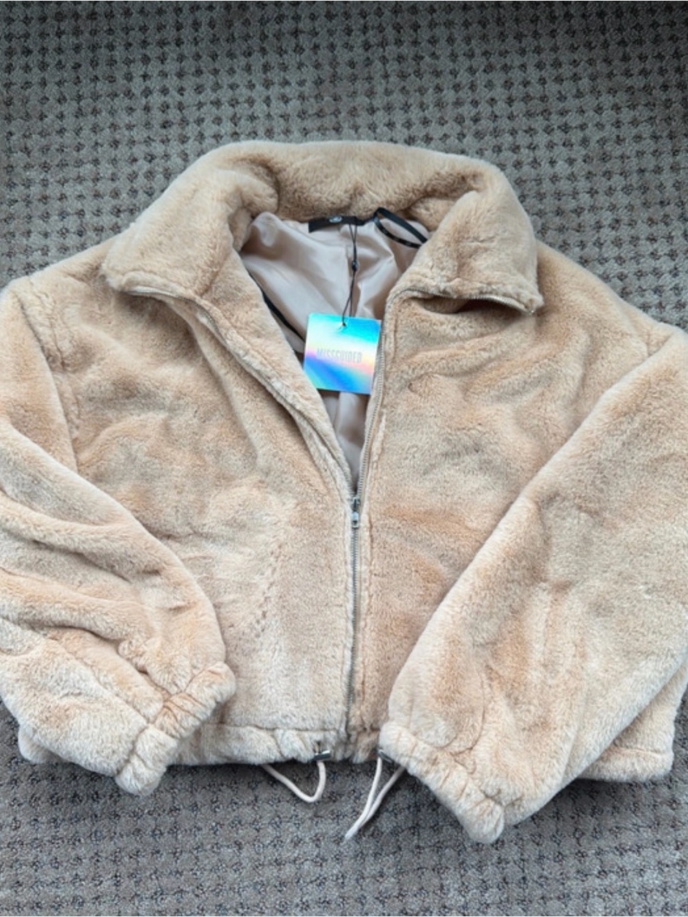 Missguided Tan Plush Teddy Faux-Fur Zip-Up Jacket